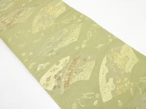 アンティーク　地紙に御所車・橋・花鳥模様織り出し袋帯（着用可）